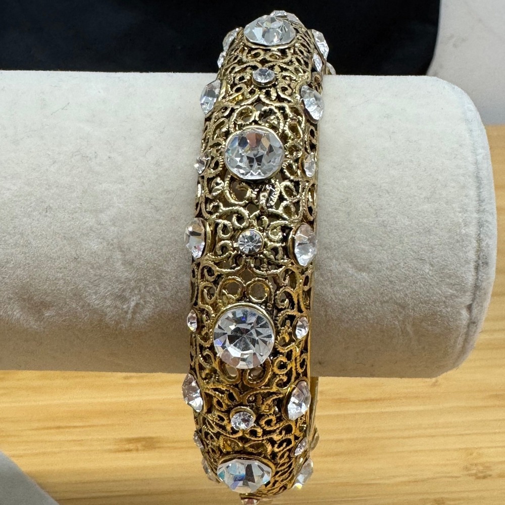 Vintage Gold‎ Filigree Crystal Hinged Bangle Bracelet Magnetic Clasp Statement